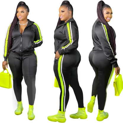 L - 4XL Sport large plus size two piece set women clothing Splicing zip long sleeve top and pants suit Wholesale dropshopping - EverHype