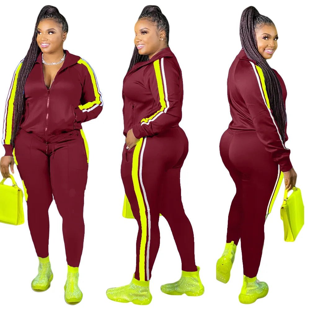 L - 4XL Sport large plus size two piece set women clothing Splicing zip long sleeve top and pants suit Wholesale dropshopping - EverHype