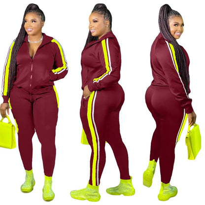 L - 4XL Sport large plus size two piece set women clothing Splicing zip long sleeve top and pants suit Wholesale dropshopping - EverHype