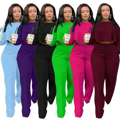Elegant Work Wear Two Piece Set Fall Clothes for Women Ruffles Crop Top and Wide Leg Pants Suits Matching Sets Sexy Club Outfits - EverHype