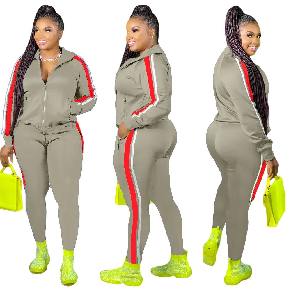 L - 4XL Sport large plus size two piece set women clothing Splicing zip long sleeve top and pants suit Wholesale dropshopping - EverHype