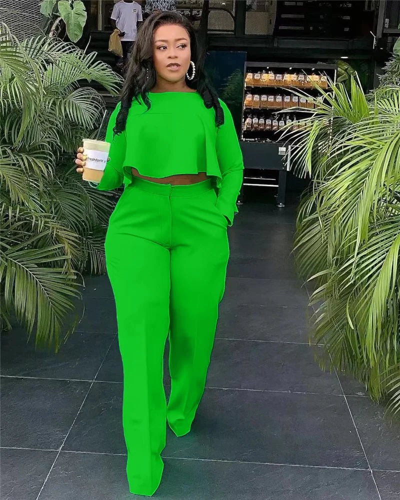 Elegant Work Wear Two Piece Set Fall Clothes for Women Ruffles Crop Top and Wide Leg Pants Suits Matching Sets Sexy Club Outfits - EverHype