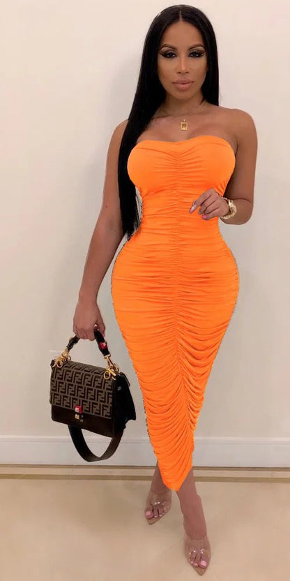 Ruched Bodycon Dress - Strapless Sleeveless Club Dress for Women - EverHype