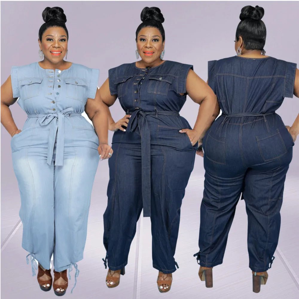 Jumpsuit Plus Size Women Clothing Denim Round Neck Lace Up Sleeveless Trousers Pocket Stretch Bodysuit Wholesale Dropshipping - EverHype