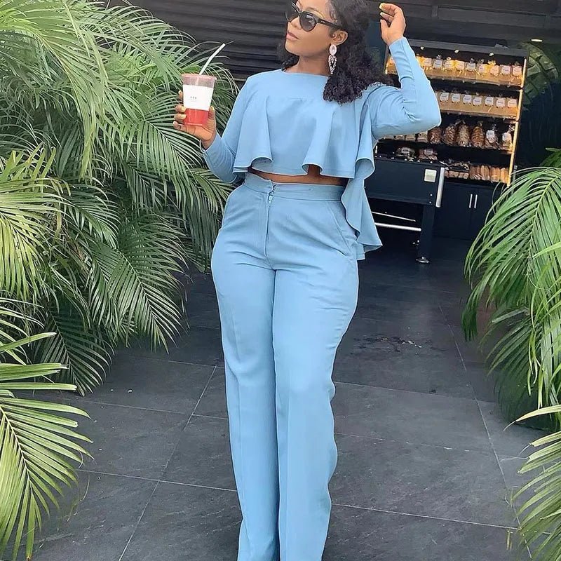 Elegant Work Wear Two Piece Set Fall Clothes for Women Ruffles Crop Top and Wide Leg Pants Suits Matching Sets Sexy Club Outfits - EverHype