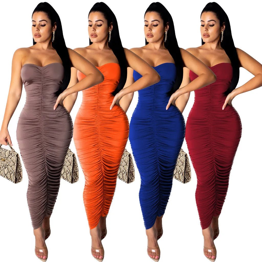 Ruched Bodycon Dress - Strapless Sleeveless Club Dress for Women - EverHype