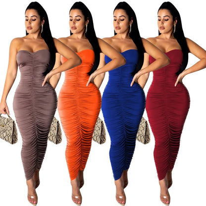 Ruched Bodycon Dress - Strapless Sleeveless Club Dress for Women - EverHype