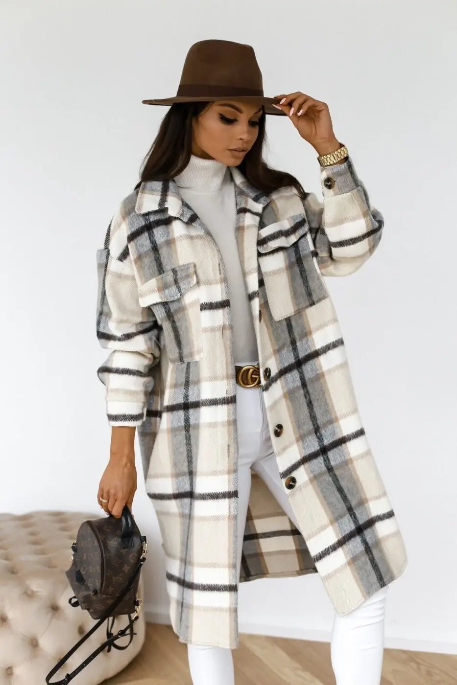 Winter Checked Jacket - Oversized Wool Blend Coat for Women | Warm Outerwear - EverHype