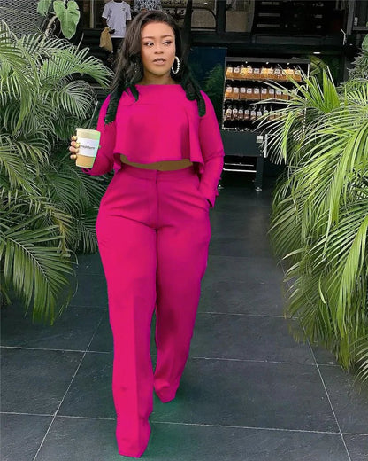 Elegant Work Wear Two Piece Set Fall Clothes for Women Ruffles Crop Top and Wide Leg Pants Suits Matching Sets Sexy Club Outfits - EverHype