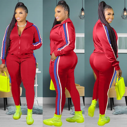 L - 4XL Sport large plus size two piece set women clothing Splicing zip long sleeve top and pants suit Wholesale dropshopping - EverHype
