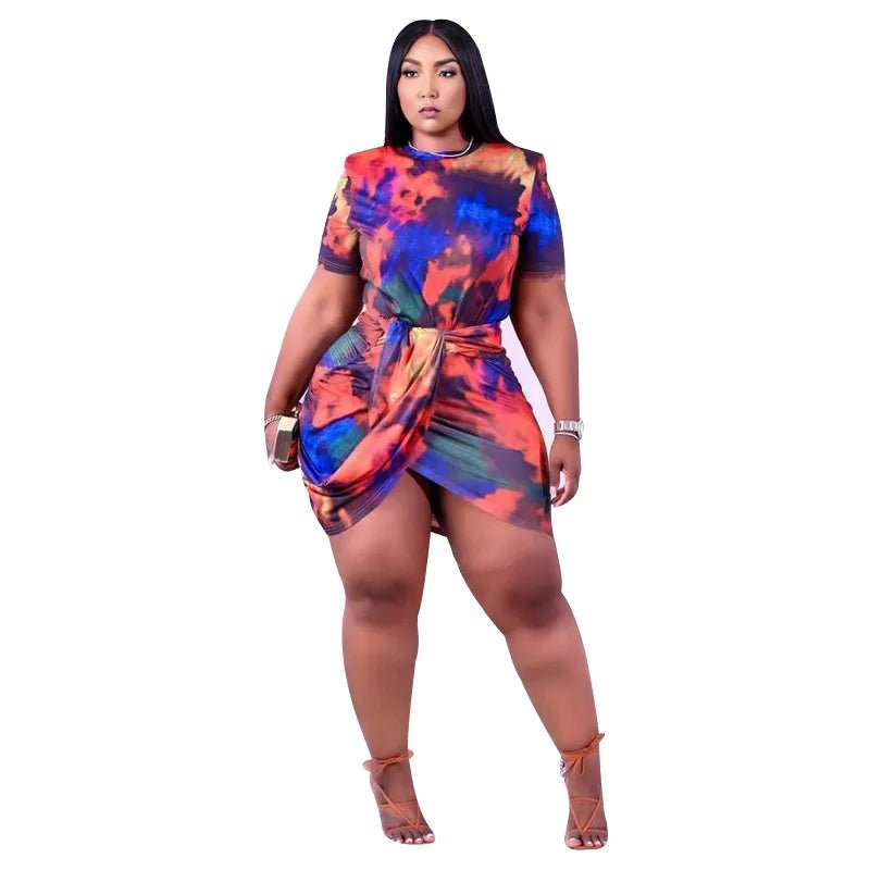 Plus Size Tie - Dye Mini Dress - Short Sleeve Irregular Hem | Summer Fashion - EverHype