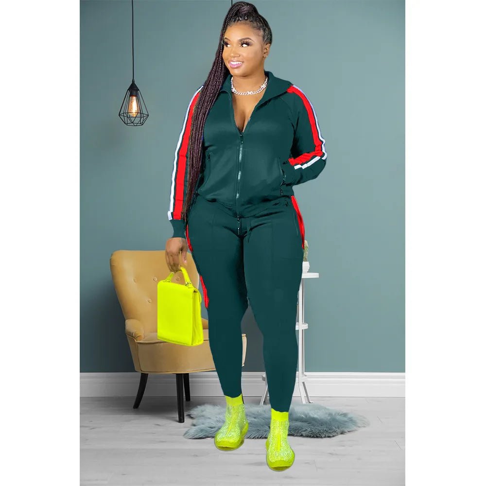 L - 4XL Sport large plus size two piece set women clothing Splicing zip long sleeve top and pants suit Wholesale dropshopping - EverHype