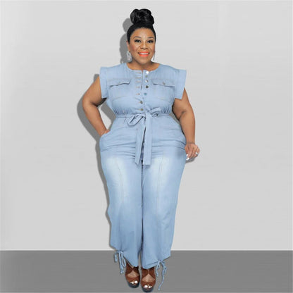 Jumpsuit Plus Size Women Clothing Denim Round Neck Lace Up Sleeveless Trousers Pocket Stretch Bodysuit Wholesale Dropshipping - EverHype