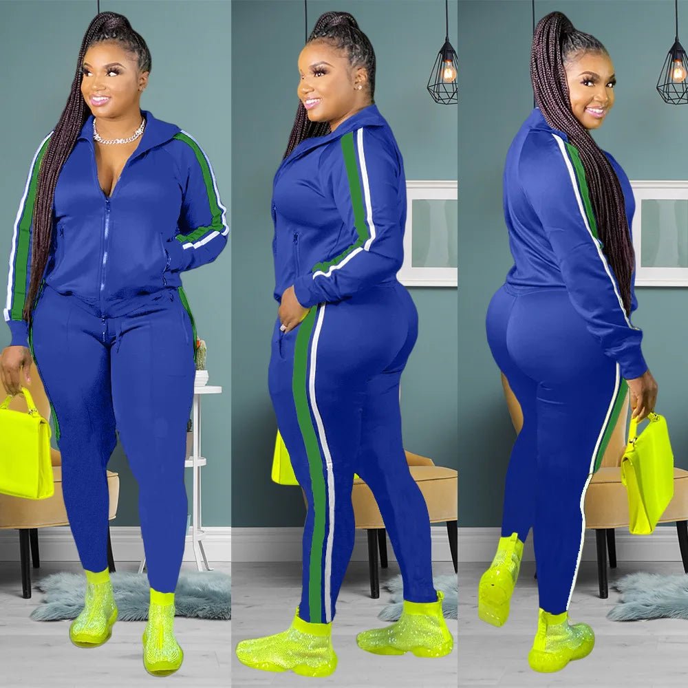 L - 4XL Sport large plus size two piece set women clothing Splicing zip long sleeve top and pants suit Wholesale dropshopping - EverHype
