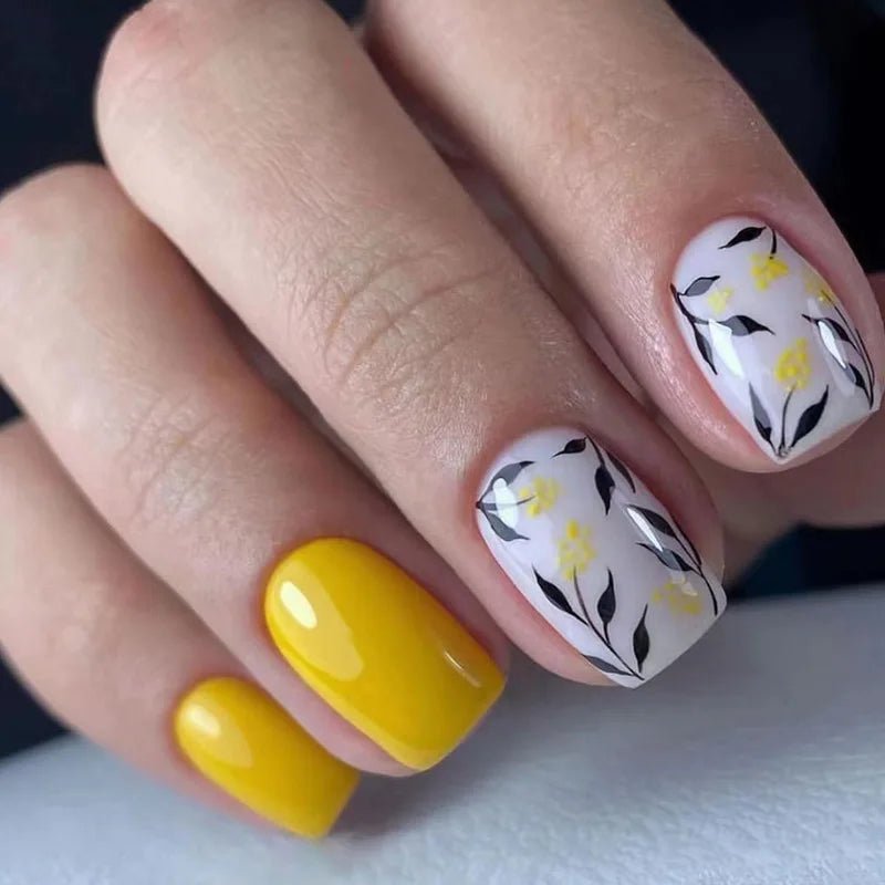 24Pcs Short Square Head Fake Nail with Colorful Flower Designs Wearable French False Nails Ballet Finished Jelly Stick on Nails - EverHype