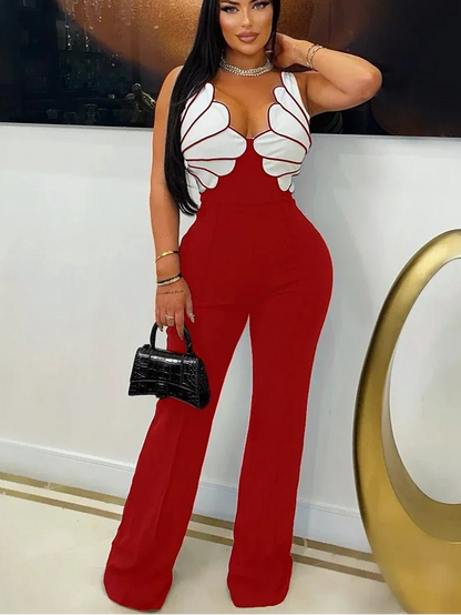 CM.YAYA Women V - Neck Backless Wide Leg Straight Sleeveless Jumpsuits 2025 Spring Patchwork Sexy One Piece Set Streetwear Outfits - EverHype