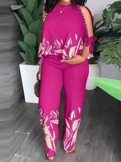 Female Clothing Summer Women Outfit Pearl Off The Shoulder Blouse and Trouser Elegant 2 - piece Sets Plus Size Pant Sets - EverHype