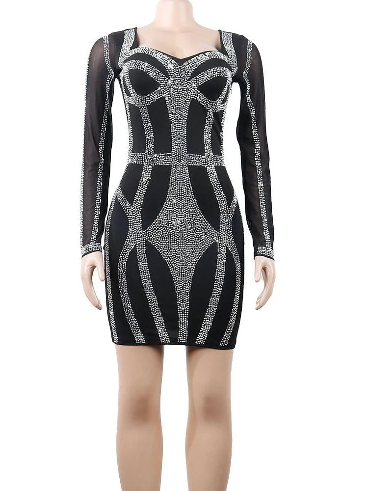 Beyprern Women's Sparkle Black Rhinestone Bodycon Mini Dress Mesh Sleeve Sequins Night Dresses Special Occasion Outfits - EverHype