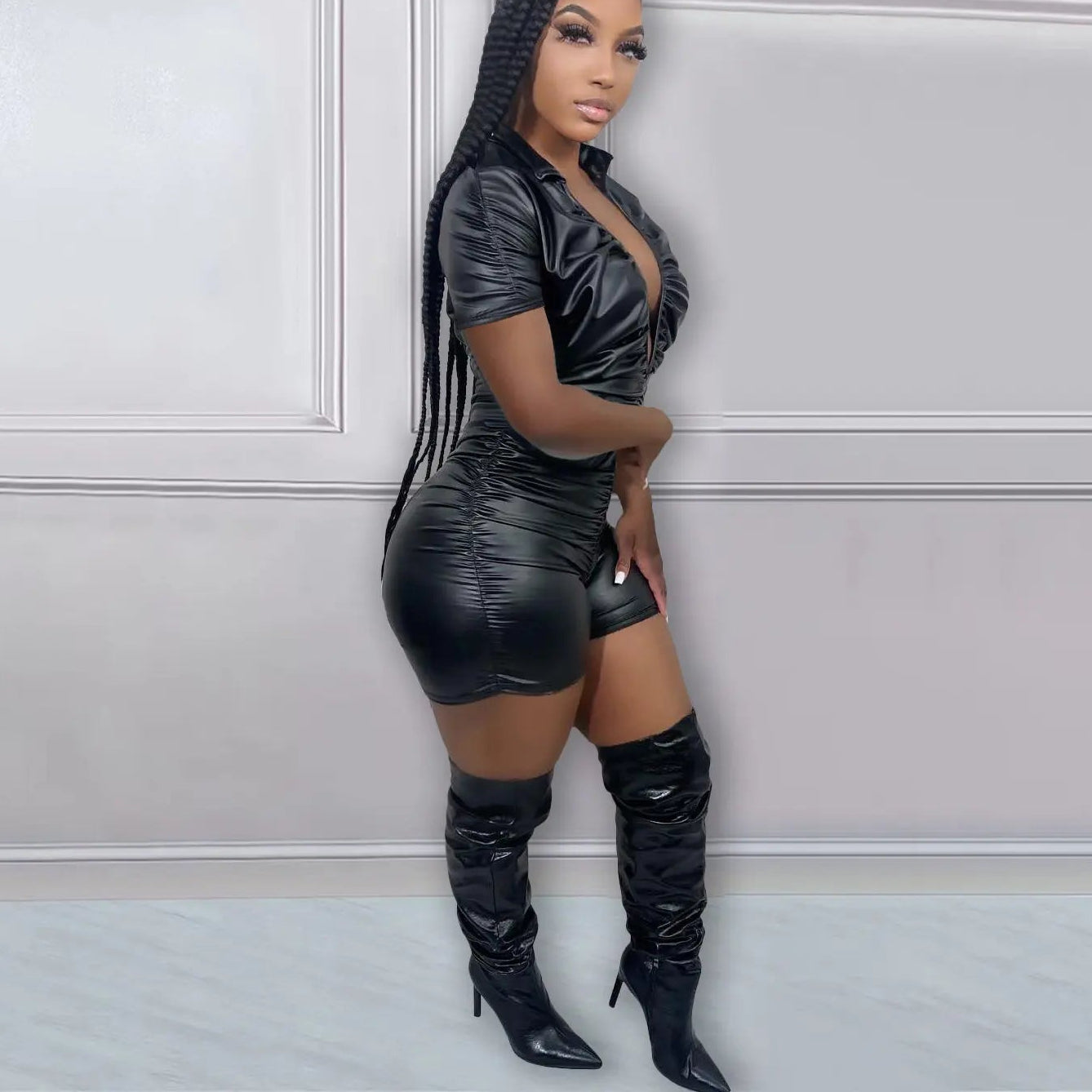 Women's Black Bodycon Romper - Deep V Short Sleeve Jumpsuit | Sexy Nightclub Overall - EverHype