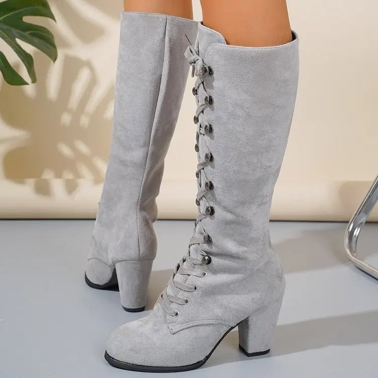 Winter Women Boots Shoes Fashion Vintage Lace - up Boots Women Round Cowboy High Heels Booties Shoes Woman Botas Mujer - EverHype