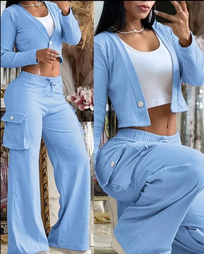 Women's 2 - Piece Cargo Set - Cardigan Top & Cargo Pants Outfit | Spring & Autumn - EverHype