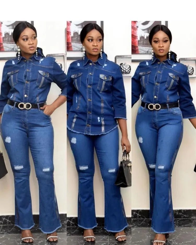 Two Piece Cowboy Denim Set - Jean Jacket & Flare Pants Outfit - EverHype