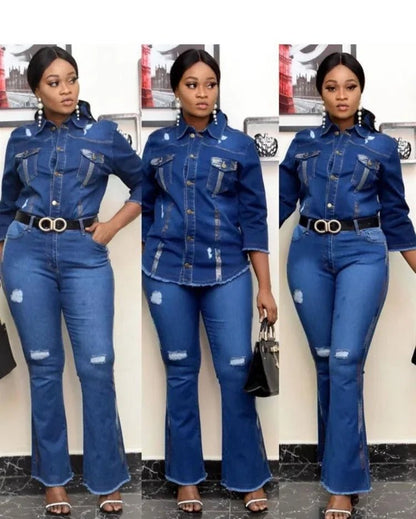 Two Piece Cowboy Denim Set - Jean Jacket & Flare Pants Outfit - EverHype