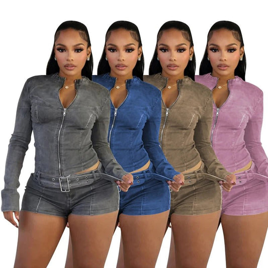 Sexy Denim Womens 2 Two Piece Set Stretchy Long Sleeve Zip Up Slim Jackets and Shorts Suits Y2k Streetwear Belt Jean Outfit Sets - EverHype