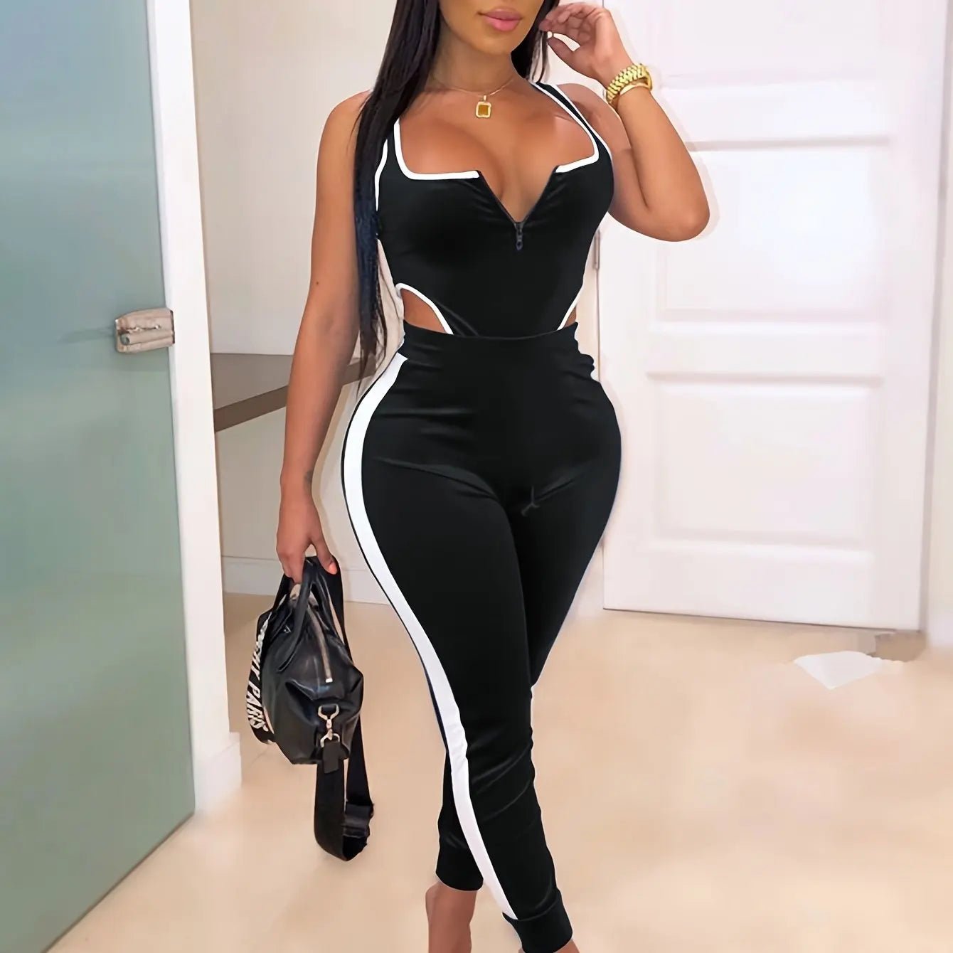 Sexy Bodycon 2pcs Set, Sleeveless Cut Out Bodysuit & High Waist Stretchy Pants, Women's Clothing - EverHype