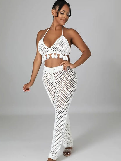 JRRY Sexy Women Knitted Set Two Pieces Set Halter Backless Bra Top Pants Crocheted 2 Pieces Set Hollow Out Crochet Beach Wear - EverHype