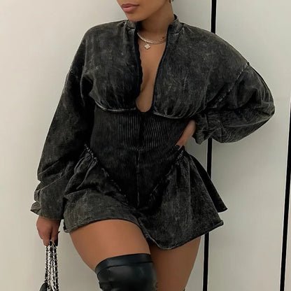 CM.YAYA Women Long Sleeve Zipper Ruched Tunic High Waist Flare Jumpsuit Washed Streetwear Chic One Piece Suit Romper Playsuit - EverHype