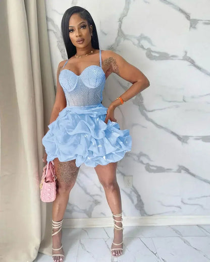 Women Mesh Diamonds Hot Rhinestones Cake Style Big Swing Strap Bodycon Midi Dress 2025 Sexy Party Even Dresses Vestidos - EverHype