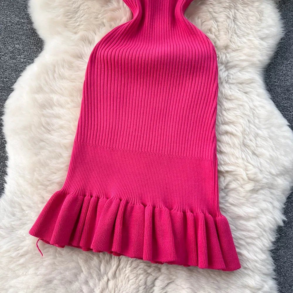 Summer Knitted Bodycon Sexy Dress 2026 O Neck Sleeveless Ruffled Party Sundress High Street Elastic Slim Short Dress - EverHype