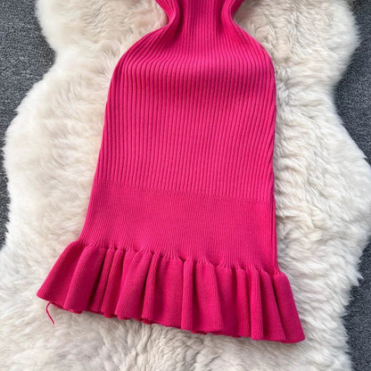 Summer Knitted Bodycon Sexy Dress 2026 O Neck Sleeveless Ruffled Party Sundress High Street Elastic Slim Short Dress - EverHype