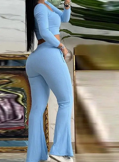 Women's 2 - Piece Flared Pants Set - Square Neck Top & High - Waist Pants | Summer Outfit - EverHype