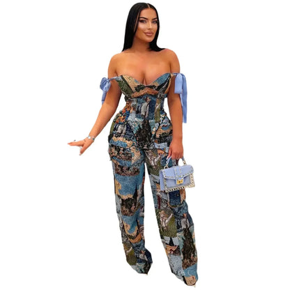 Women's Oil Painting 2 - Piece Set - Lace - Up Crop Top & Pants | Fall Winter Outfit - EverHype