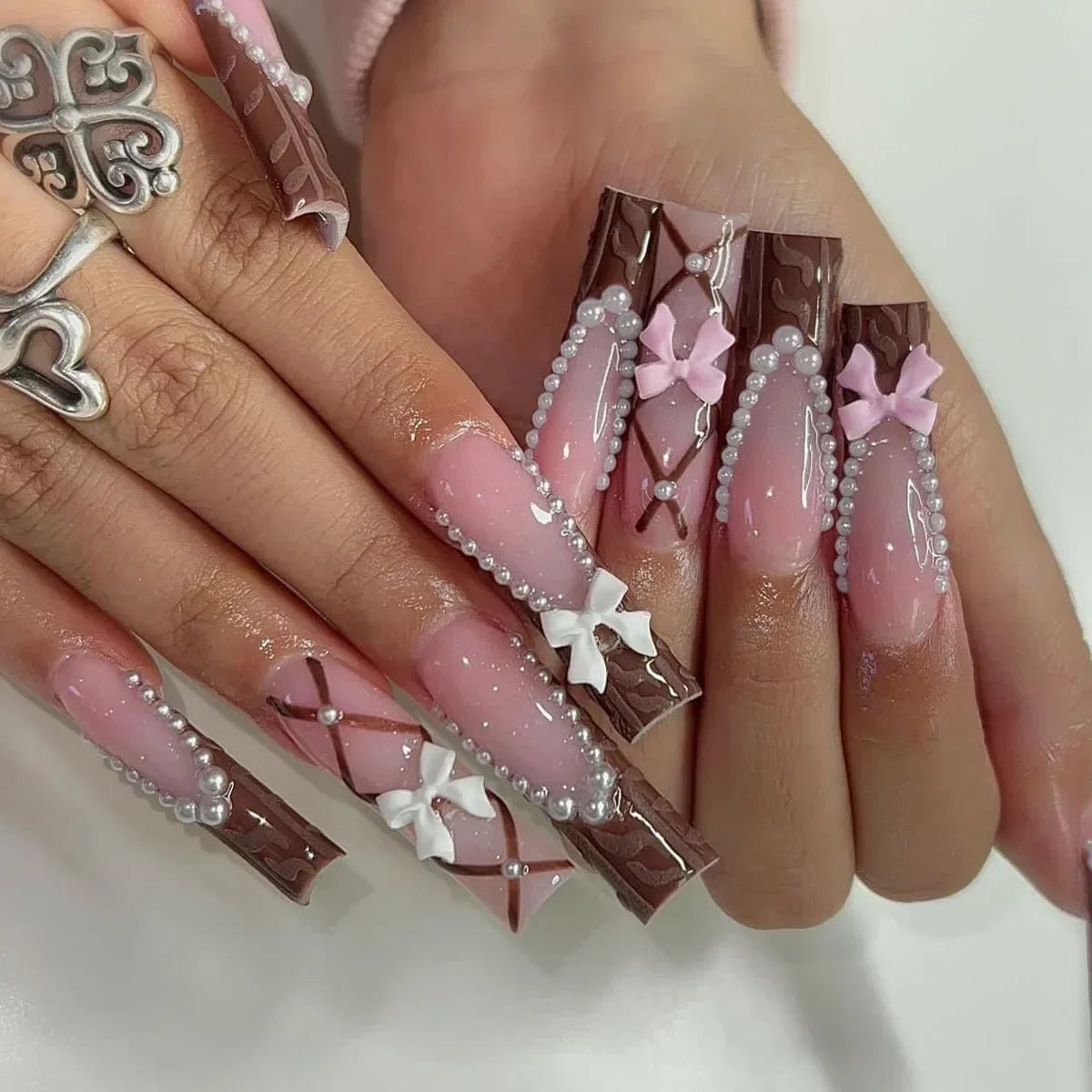 24Pcs French Tip Press On Nails Long Square Nude Pink Fake Nails Bow Charms Full Cover Stick On Nails For Women and Girls Wear - EverHype