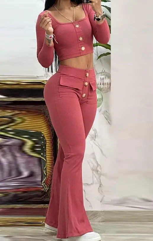 Women's 2 - Piece Flared Pants Set - Square Neck Top & High - Waist Pants | Summer Outfit - EverHype