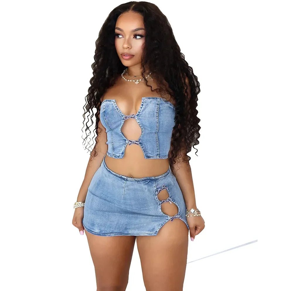 Denim 2 - Piece Set - Strapless Top & Mini Skirt Matching Outfit for Women - EverHype