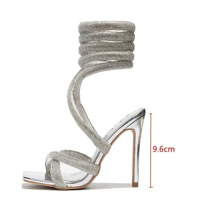 Luxury Rhinestones Women Sandals Sexy Ankle Strap Cross - tied Thin High Heeled Gladiator Sandals Fashion Summer Party Prom Shoes - EverHype