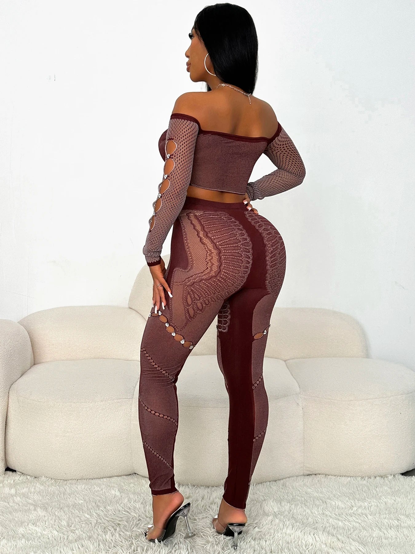 Rhinestone Hollow Slash Neck Crop Top & Patchwork Leggings Set - 2 - Piece Clubwear | EverHype 2026 - EverHype