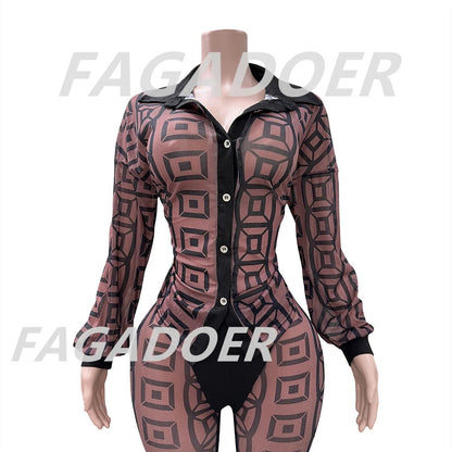 FAGADOER Sexy Mesh Women 2 Piece Set Outfit See Through Long Sleeves Crop Top + Skiny Pants Suits Female Streetwear Clothing New - EverHype