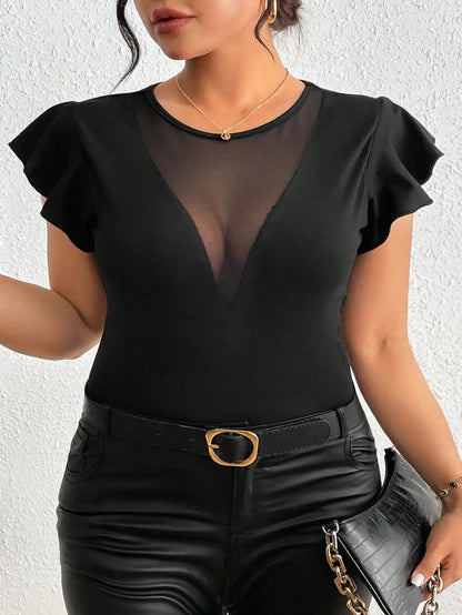 Women Plus Size V - Neck High - Stretch Solid Color Patchwork Ruffle Sleeve T-shirt, Concert Outfit Rave Outfits Festival - EverHype