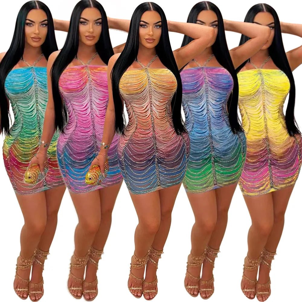 Rainbow Crystal Tassel Dress - Halter Neck Bodycon Midi | Evening Party Dress - EverHype