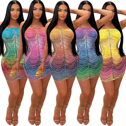 Rainbow Crystal Tassel Dress - Halter Neck Bodycon Midi | Evening Party Dress - EverHype