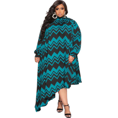 L - 4XL 2022 Fall Plus Size Women Stripe Printing Long Sleeve Irregular Dresses Loose Casual Lady Clothing Dropshipping Wholesale - EverHype