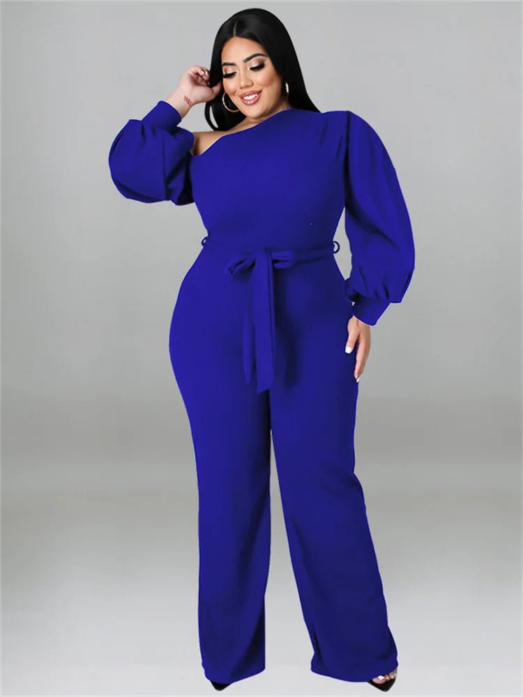 Plus Size Off - Shoulder Jumpsuit - Solid Color Romper with Sashes | Fall Office Lady - EverHype