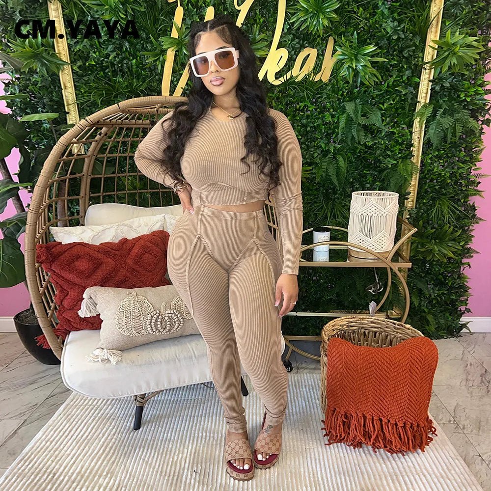 CM.YAYA Knit Ribbed Women's Set Long Sleeve T-shirt and Legging Pants 2023 Fashion Fitness Yoga Two 2 Piece Set Outfit Tracksuit - EverHype