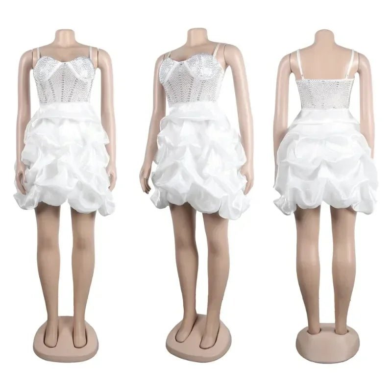 Women Mesh Diamonds Hot Rhinestones Cake Style Big Swing Strap Bodycon Midi Dress 2025 Sexy Party Even Dresses Vestidos - EverHype