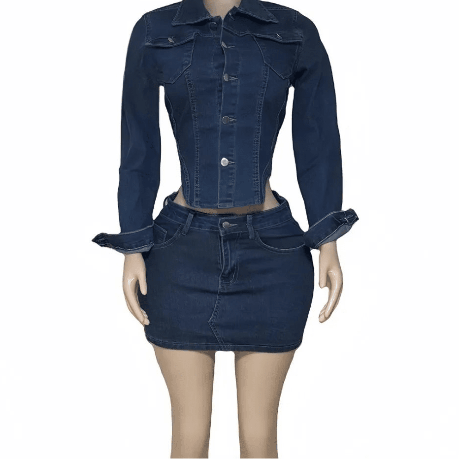 Denim 2 - Piece Set - Patchwork Crop Jacket & Skirt Outfit for Women - EverHype